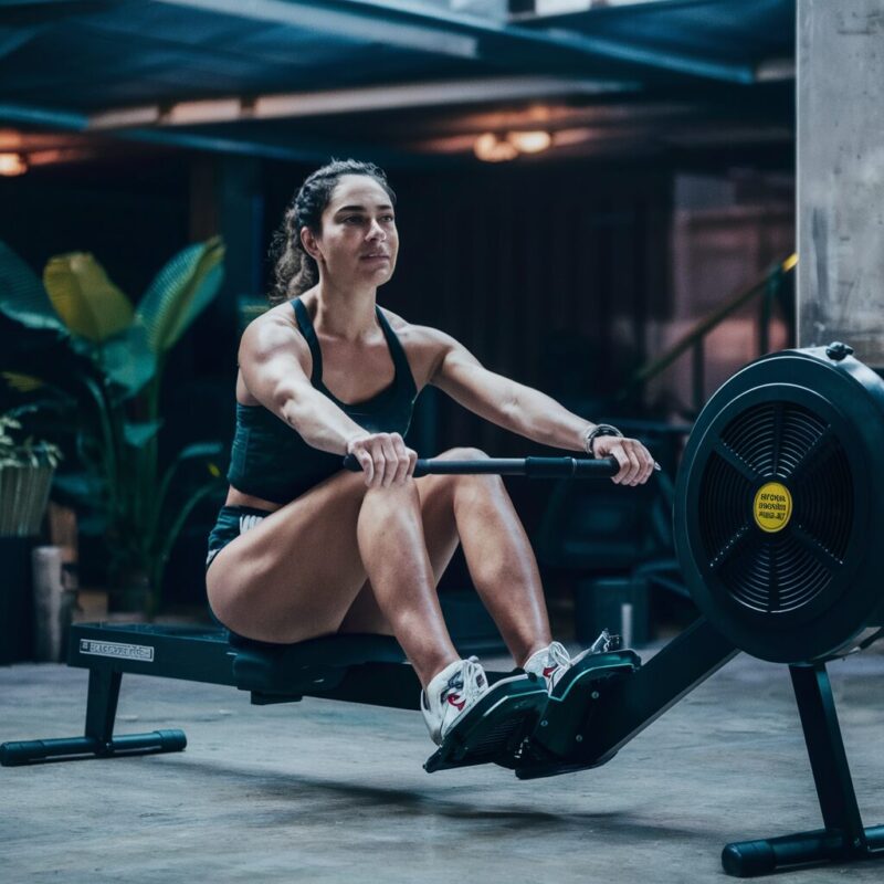 A woman using a rowing machine, showcasing one of the top 10 rowing machines for home fitness.