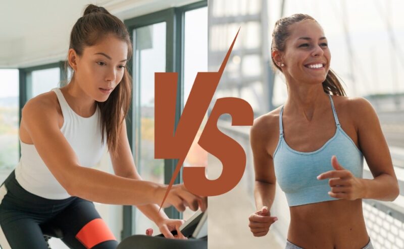 Two women exercising, one cycling on a stationary bike and the other running, representing a comparison between cycling and running
